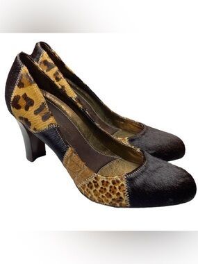 OH! Wm’s Sz 9 Multi Animal Print Patch Work Leather Calf Hair 3.5” Heel Pumps